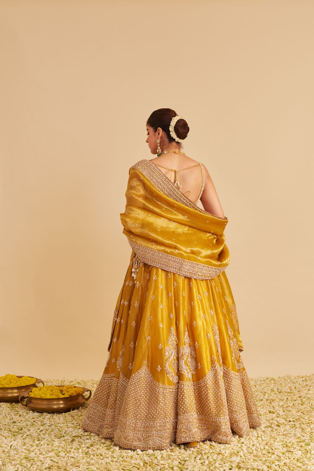 Aashina  - Dabka Zardozi Embroidered Pure Tissue Mustard Lehenga Set