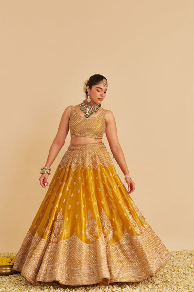 Aashina  - Dabka Zardozi Embroidered Pure Tissue Mustard Lehenga Set