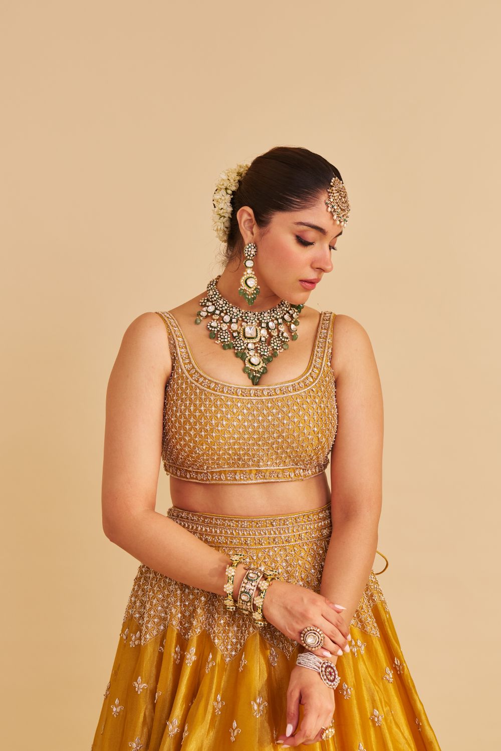 Aashina  - Dabka Zardozi Embroidered Pure Tissue Mustard Lehenga Set
