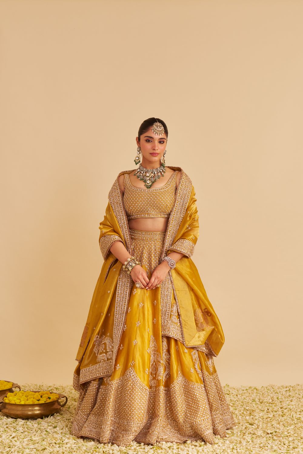 Aashina  - Dabka Zardozi Embroidered Pure Tissue Mustard Lehenga Set