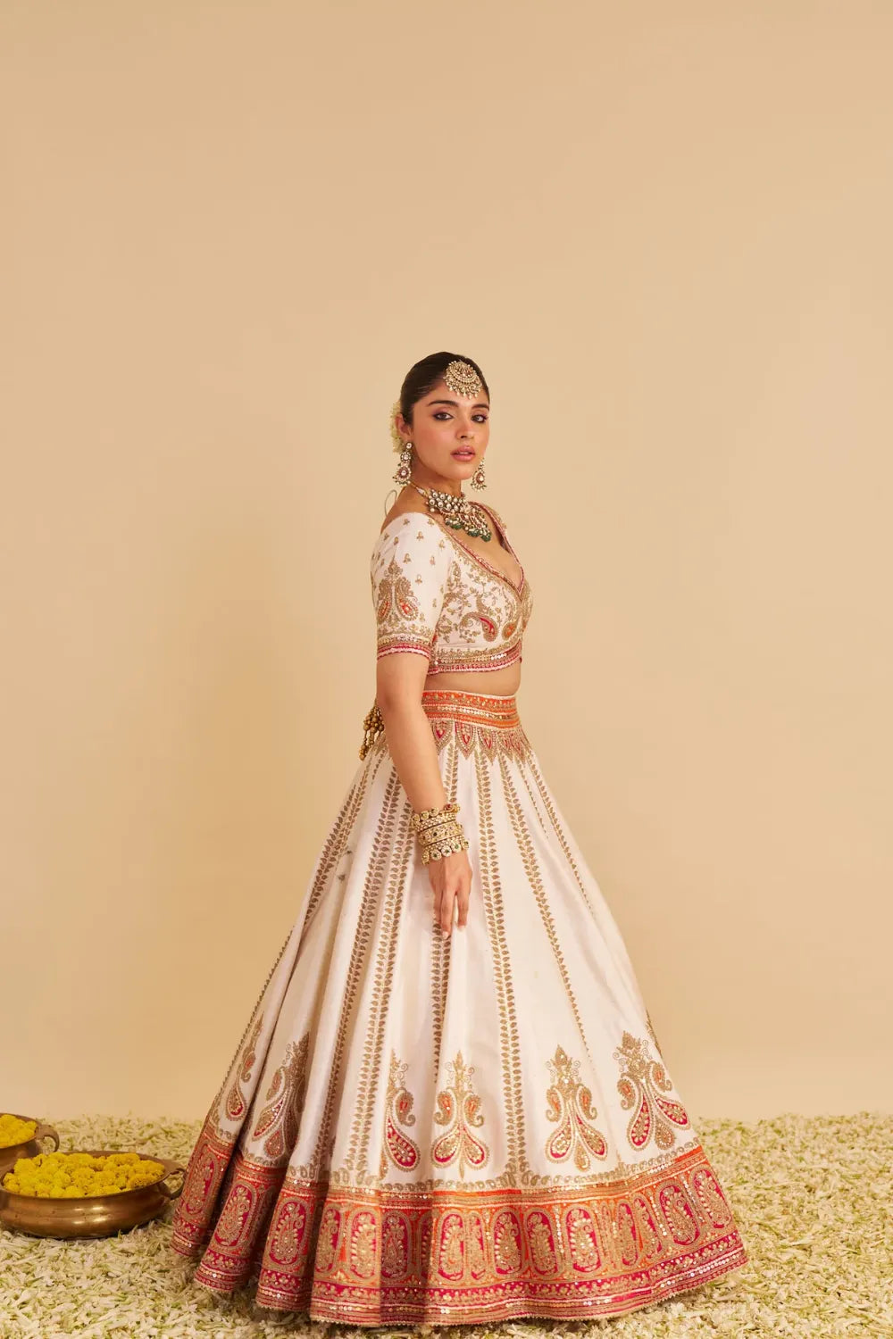 Amara - Handcrafted Pure Silk Daisy Ivory Lehenga Set