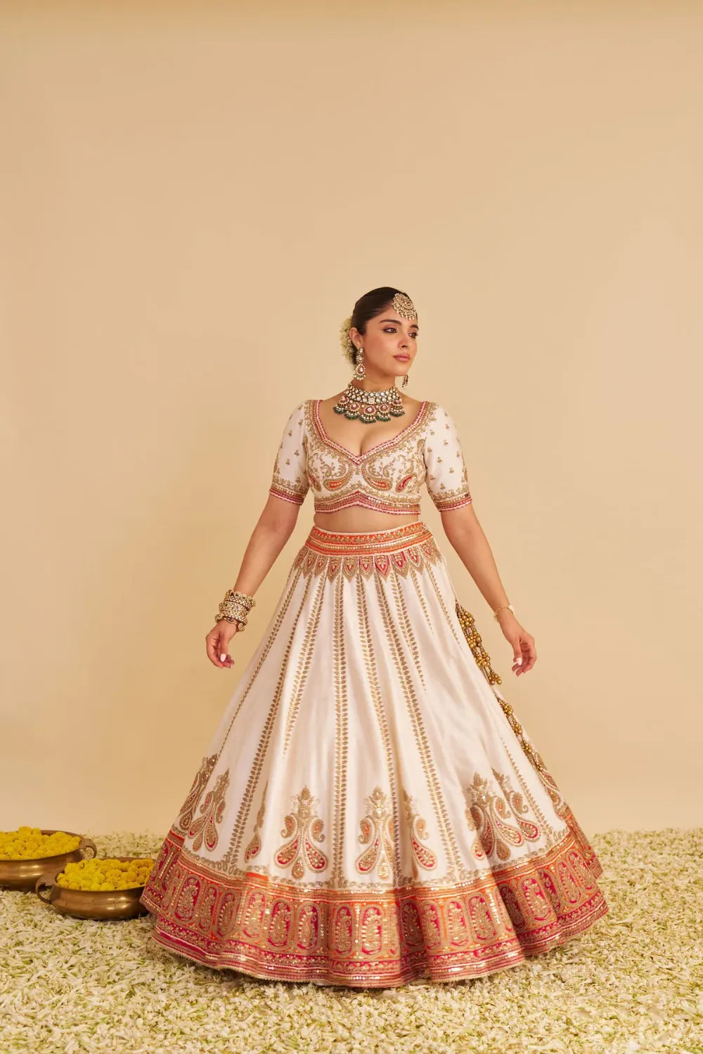 Amara - Handcrafted Pure Silk Daisy Ivory Lehenga Set
