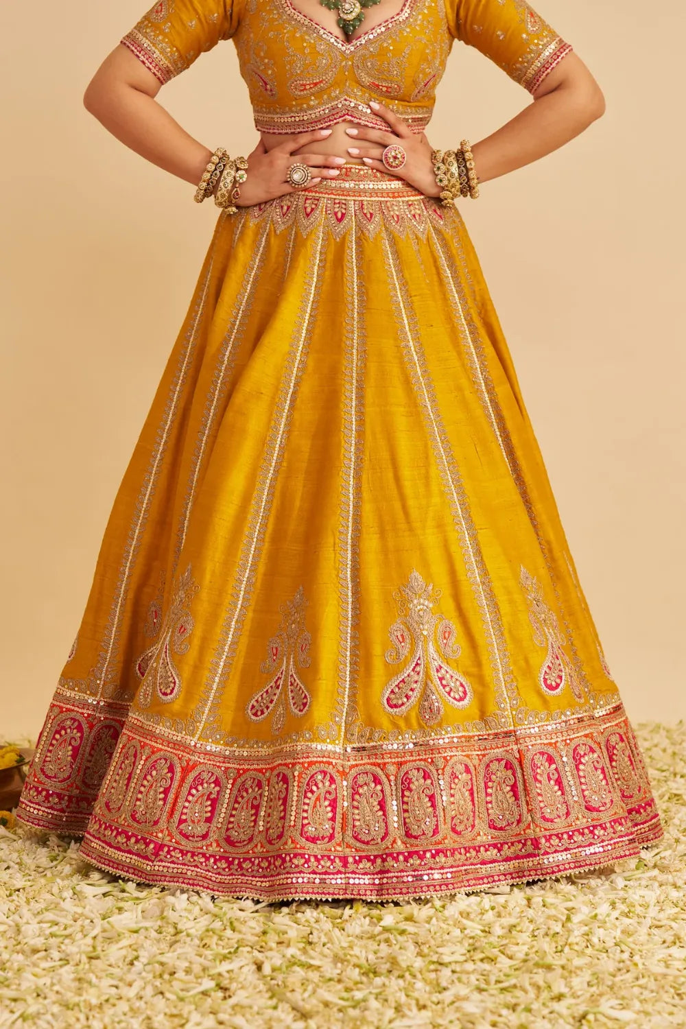 Amara  - Hand Embroidered Raw Silk Mustard Bridal Lehenga Set