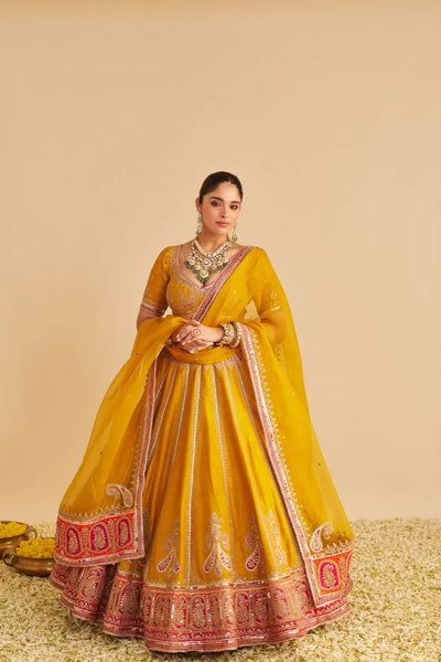 Amara  - Hand Embroidered Raw Silk Mustard Bridal Lehenga Set