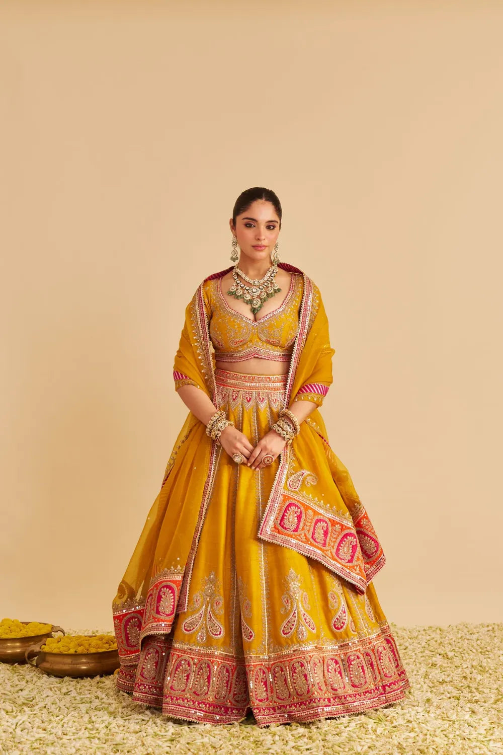 Amara  - Hand Embroidered Raw Silk Mustard Bridal Lehenga Set