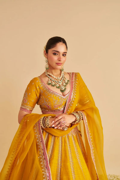Amara  - Hand Embroidered Raw Silk Mustard Bridal Lehenga Set