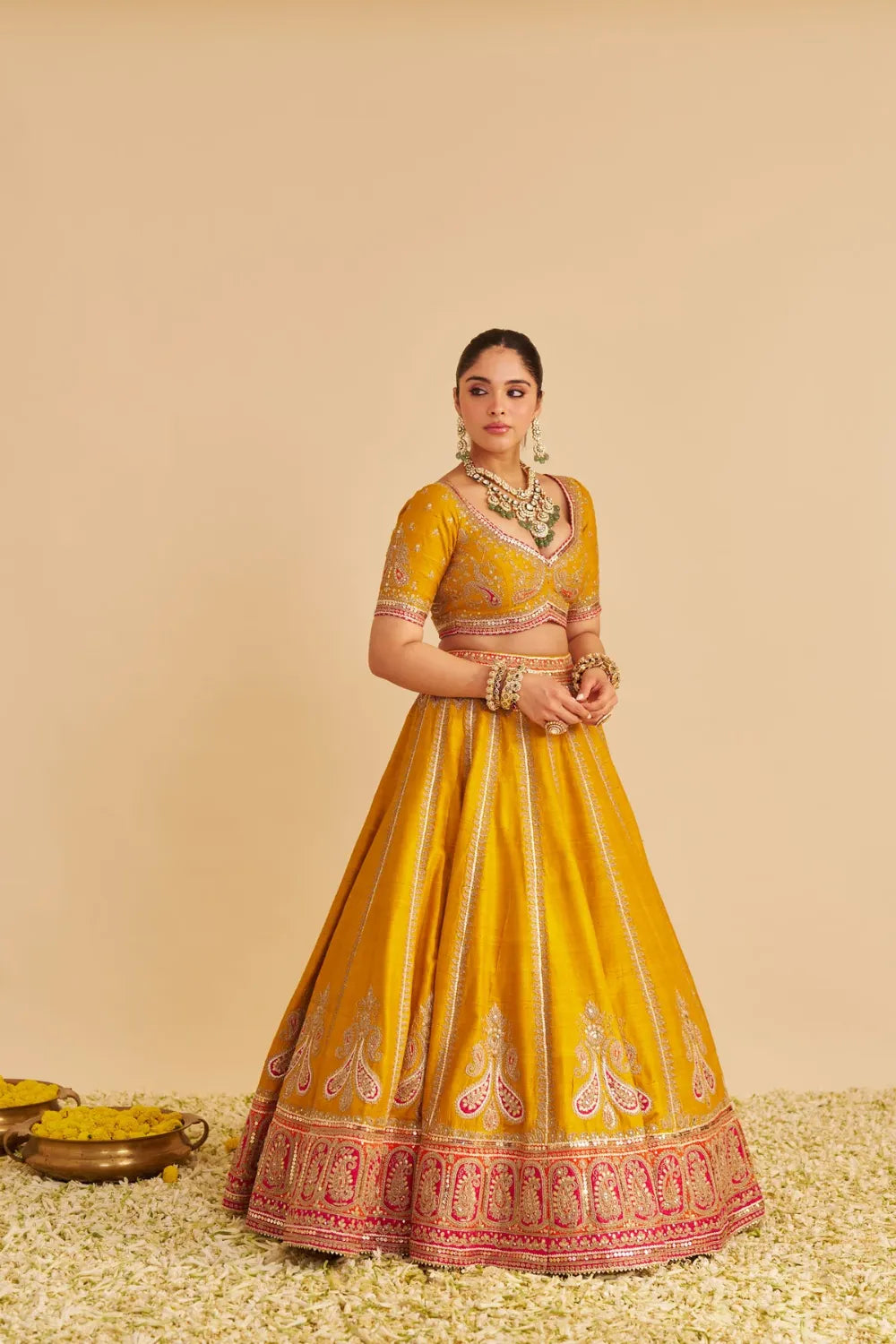 Amara  - Hand Embroidered Raw Silk Mustard Bridal Lehenga Set