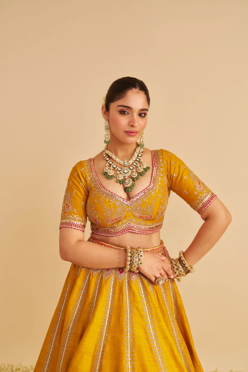 Amara  - Hand Embroidered Raw Silk Mustard Bridal Lehenga Set