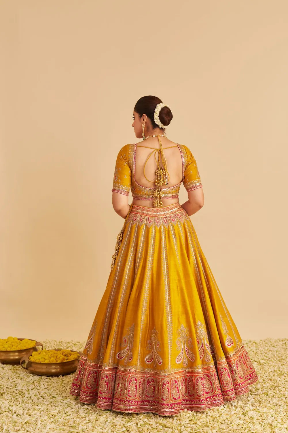 Amara  - Hand Embroidered Raw Silk Mustard Bridal Lehenga Set