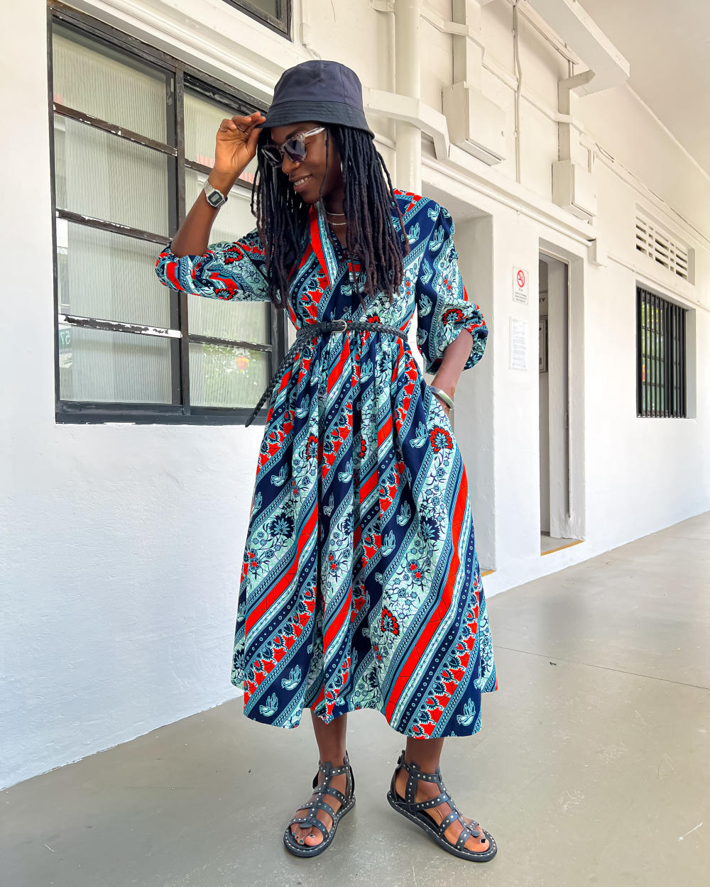 Asali Maxi Smock Dress - Blue and Orange African Ankara Wax Cotton Print
