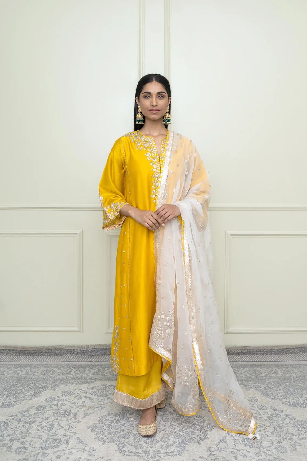 Baarizah Chauga with palazzo and dupatta-Glaze Mustard & Daisy Ivory