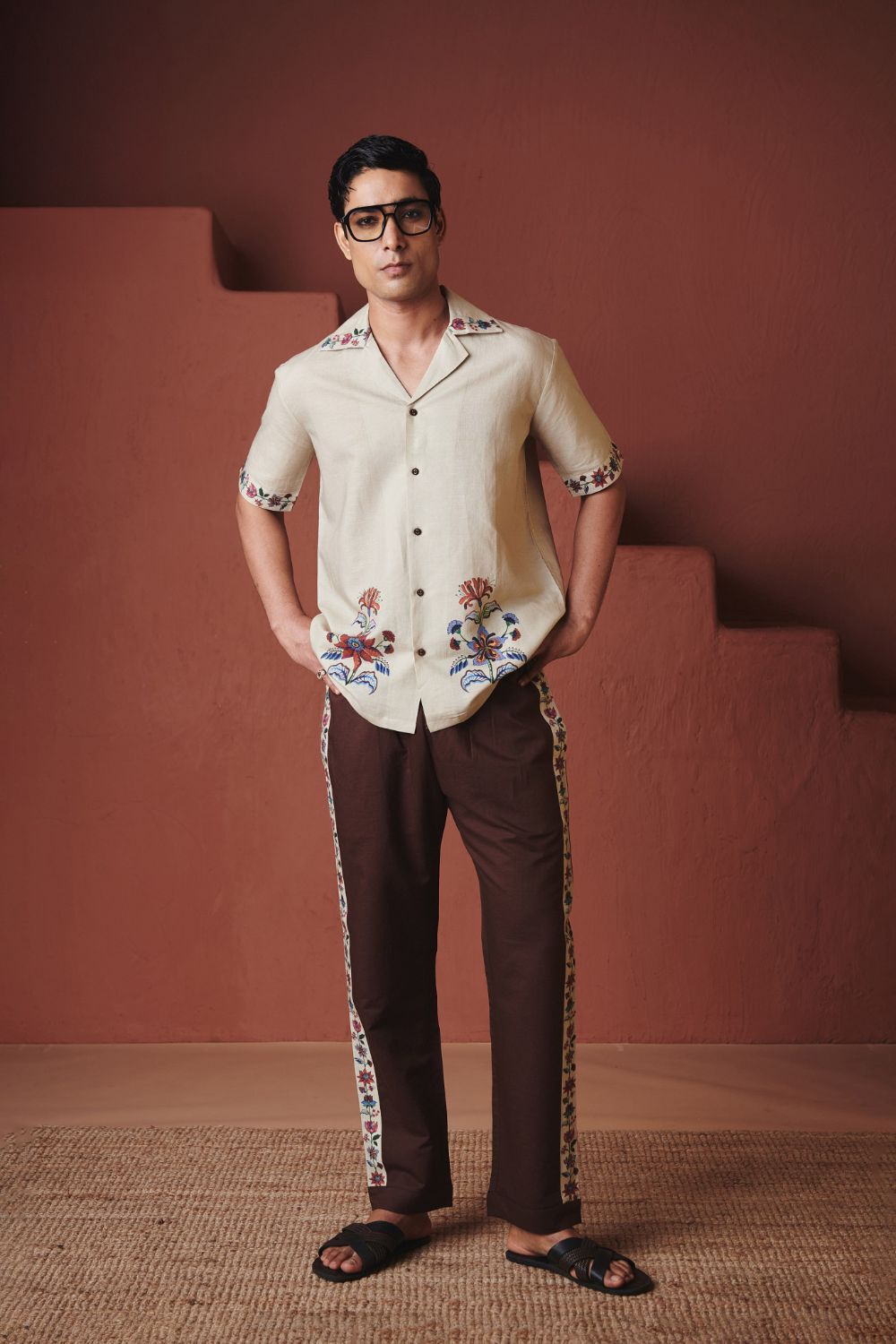 Beige Chintz Co Linen Men's Camp Collar Shirt