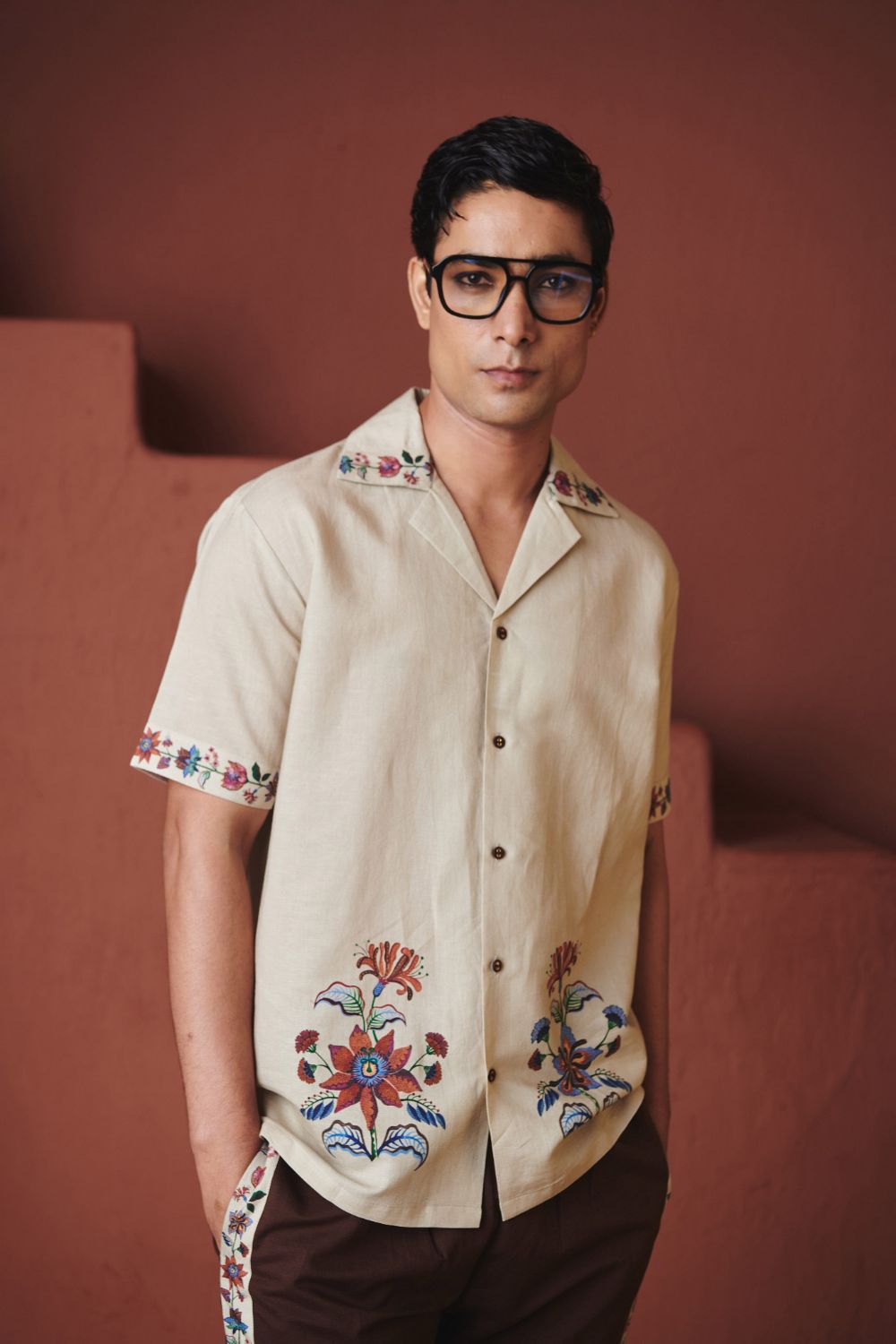 Beige Chintz Co Linen Men's Camp Collar Shirt