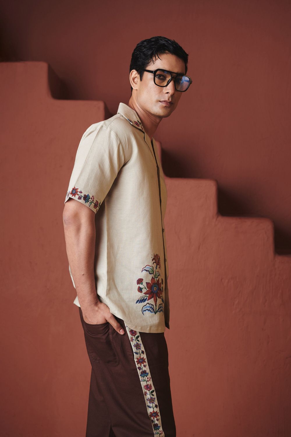 Beige Chintz Co Linen Men's Camp Collar Shirt