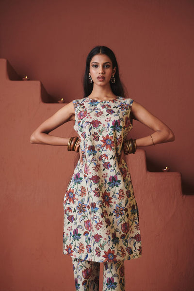 Beige Chintz Co Linen Sleeveless Fitted Kurta Set