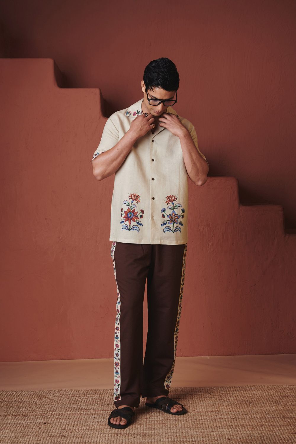 Beige Coffee Chintz Co Linen Men's Camp Collar Shirt Set