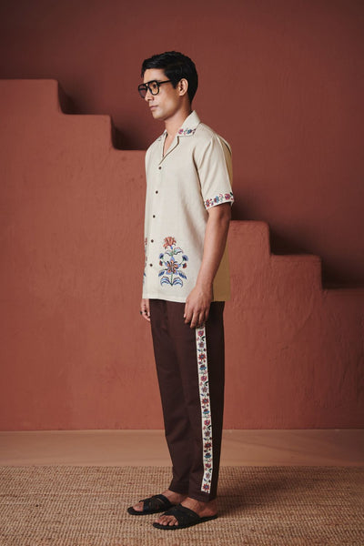 Beige Coffee Chintz Co Linen Men's Camp Collar Shirt Set