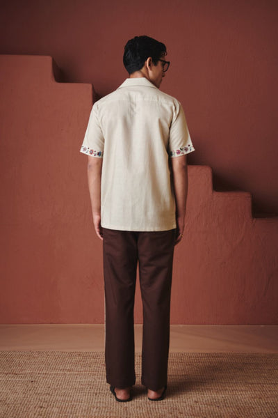 Beige Coffee Chintz Co Linen Men's Camp Collar Shirt Set