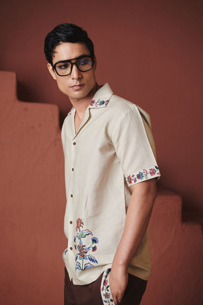 Beige Coffee Chintz Co Linen Men's Camp Collar Shirt Set