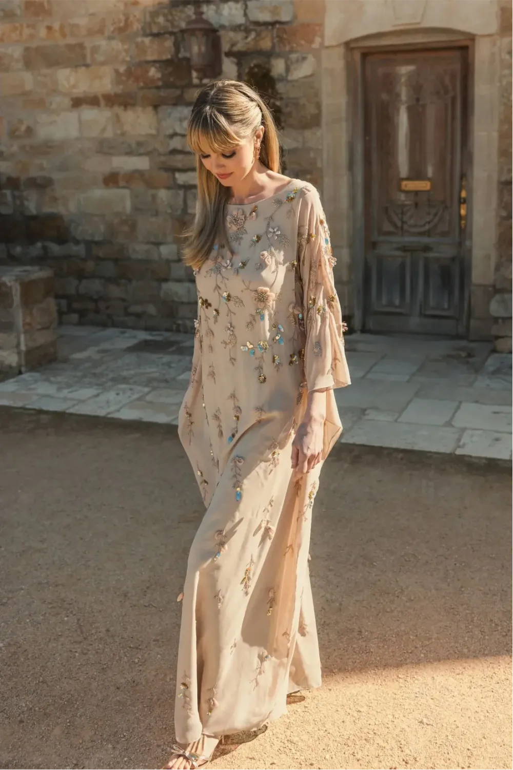 Beige Floral Embellished Kaftan Gown