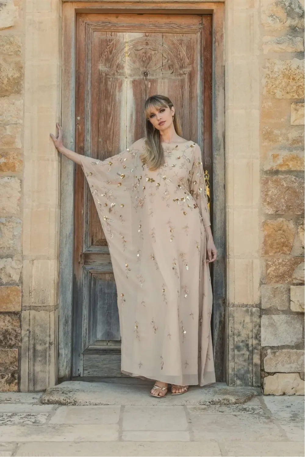 Beige Floral Embellished Kaftan Gown