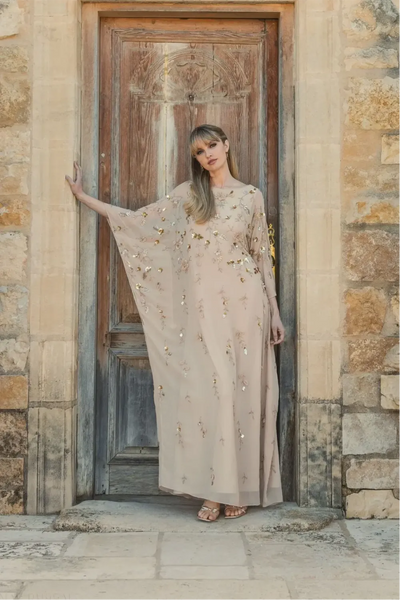 Beige Floral Embellished Kaftan Gown