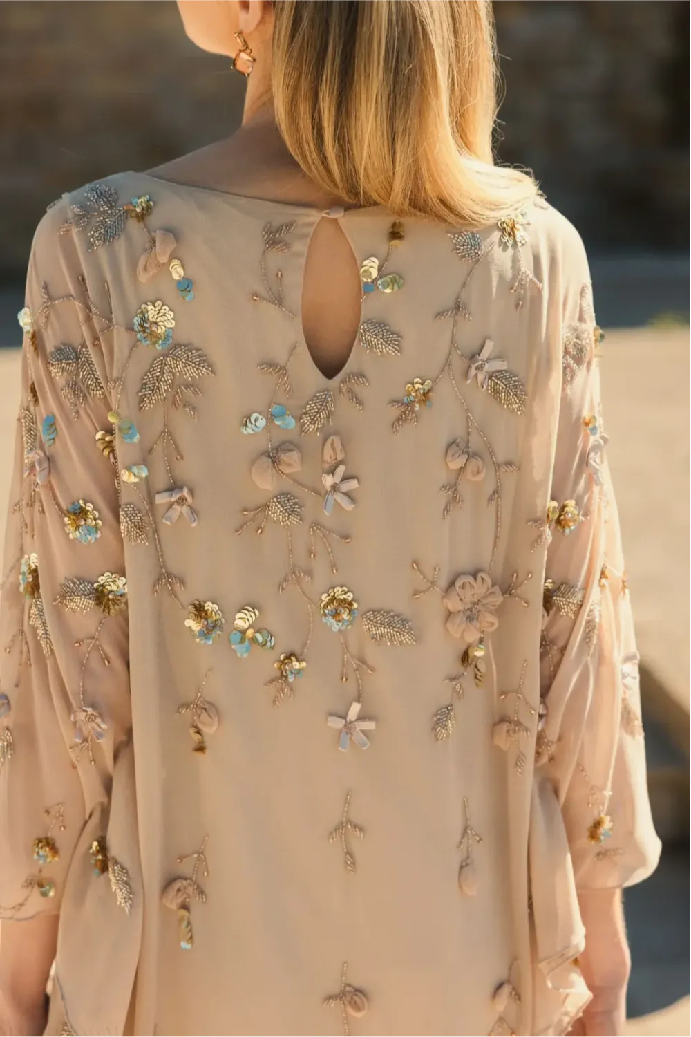 Beige Floral Embellished Kaftan Gown