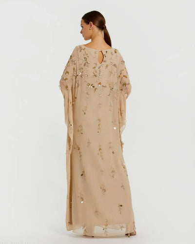 Beige Floral Embellished Kaftan Gown