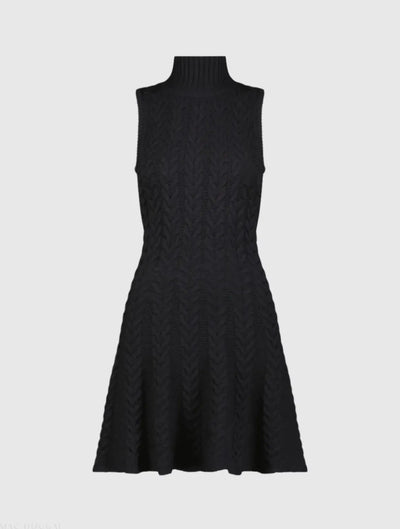 Black Cable Knit Turtle Neck Sleeveless Mini Sweater Knit Dress