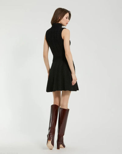 Black Cable Knit Turtle Neck Sleeveless Mini Sweater Knit Dress