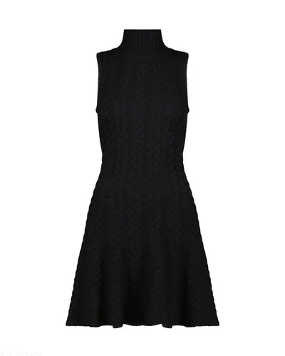 Black Cable Knit Turtle Neck Sleeveless Mini Sweater Knit Dress