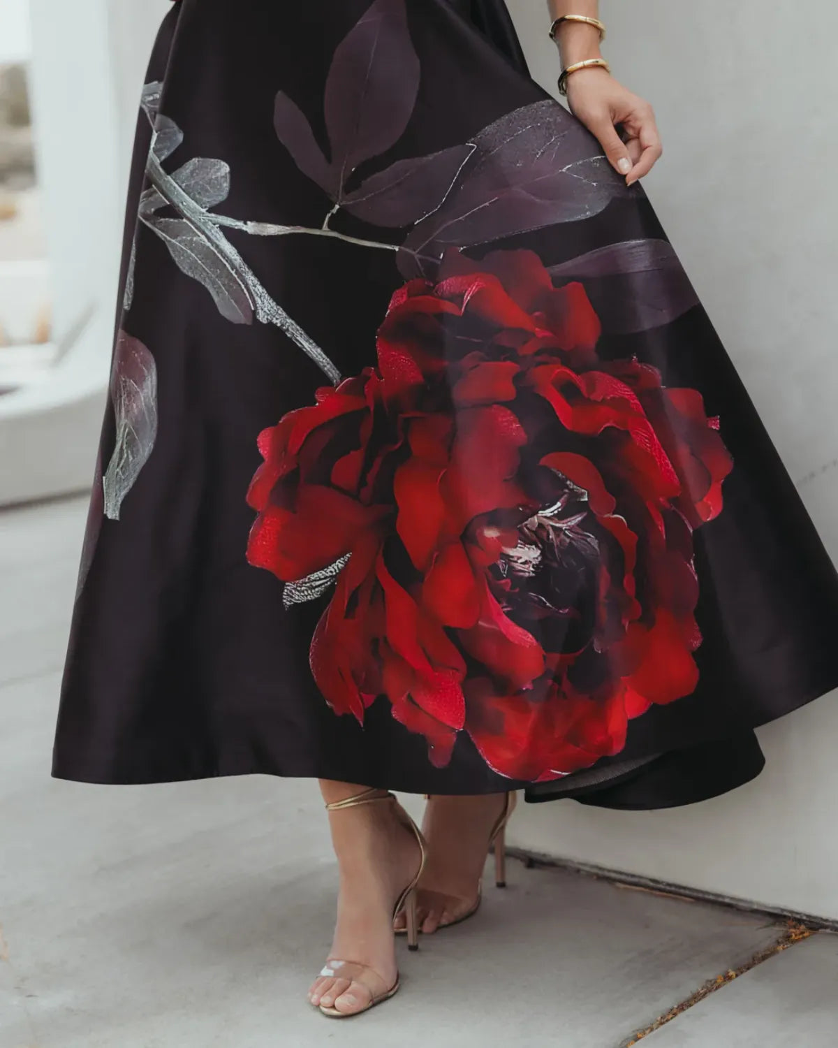 Black Crepe Printed Strapless Midi Dress With Pockets