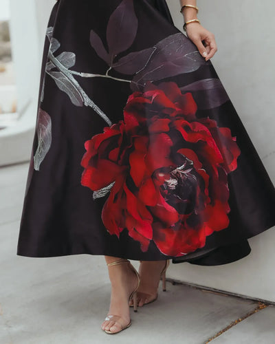 Black Crepe Printed Strapless Midi Dress With Pockets