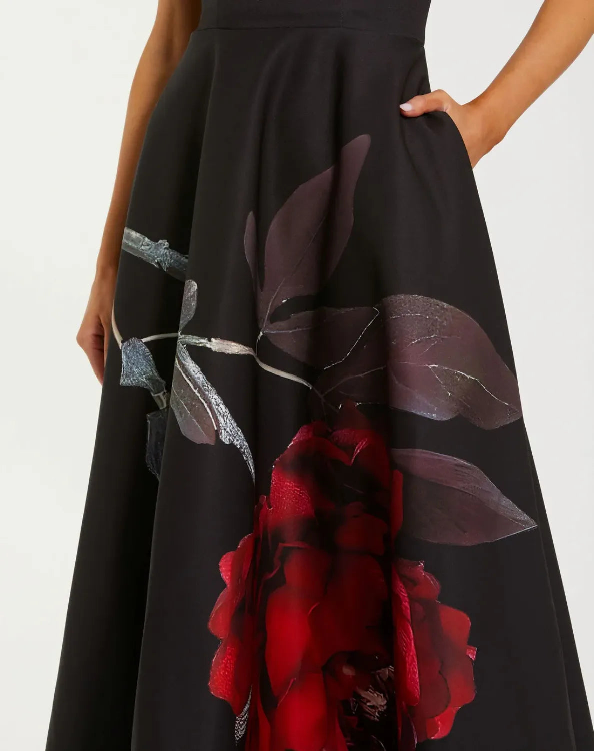 Black Crepe Printed Strapless Midi Dress With Pockets