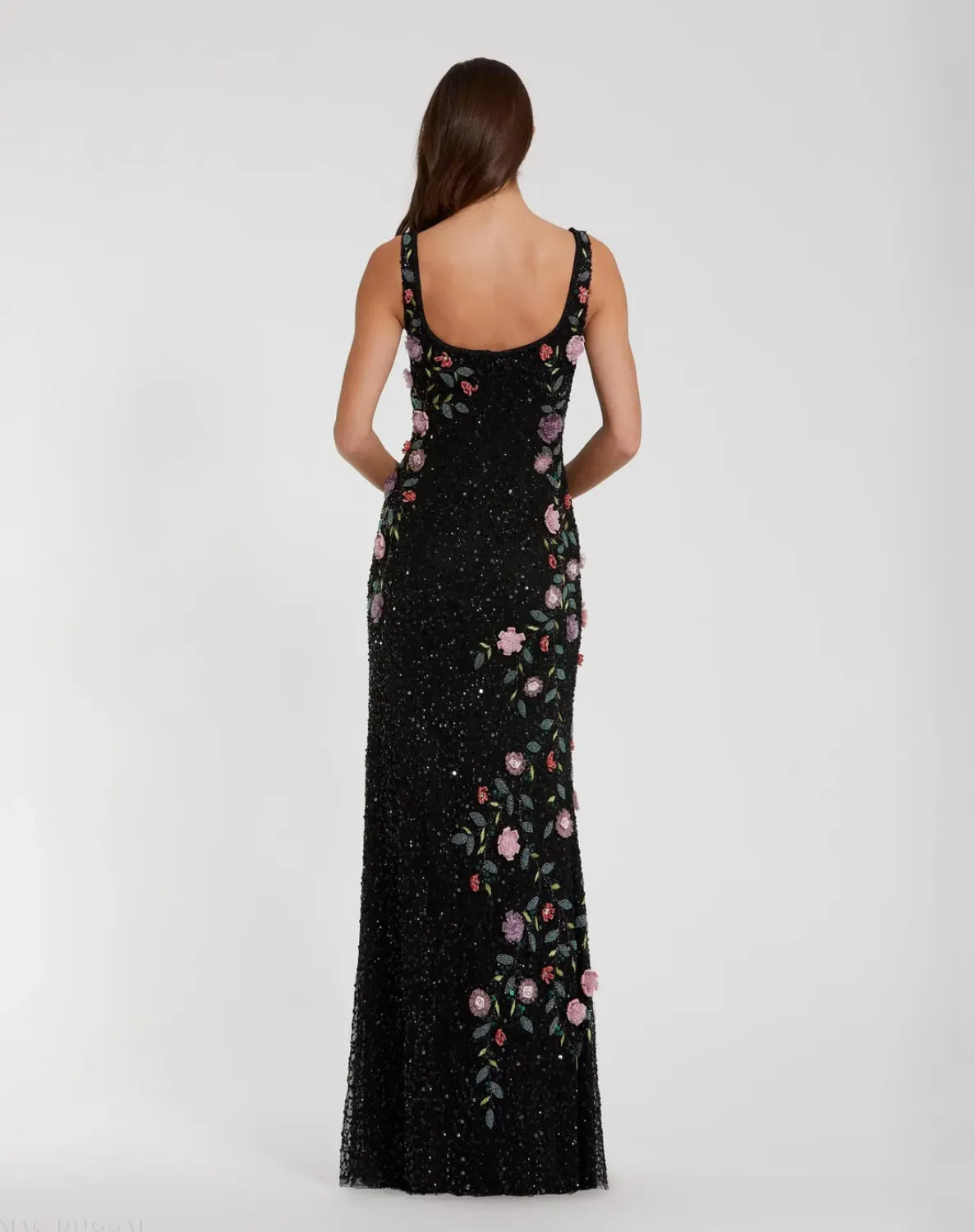 Black Floral Beaded Mesh Scoop Neck Sleeveless Gown