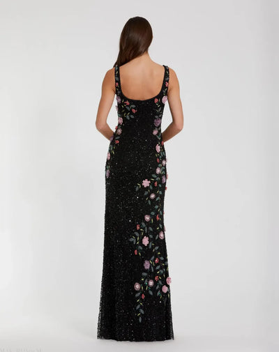 Black Floral Beaded Mesh Scoop Neck Sleeveless Gown