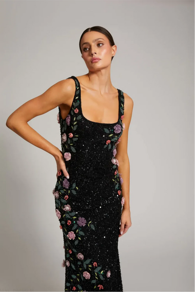Black Floral Beaded Mesh Scoop Neck Sleeveless Gown