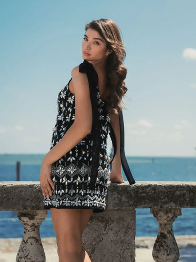Black Jewel Encrusted Soft Tie Sleeveless Dress