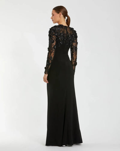 Black Long Sleeve Floral Embellished Column Gown