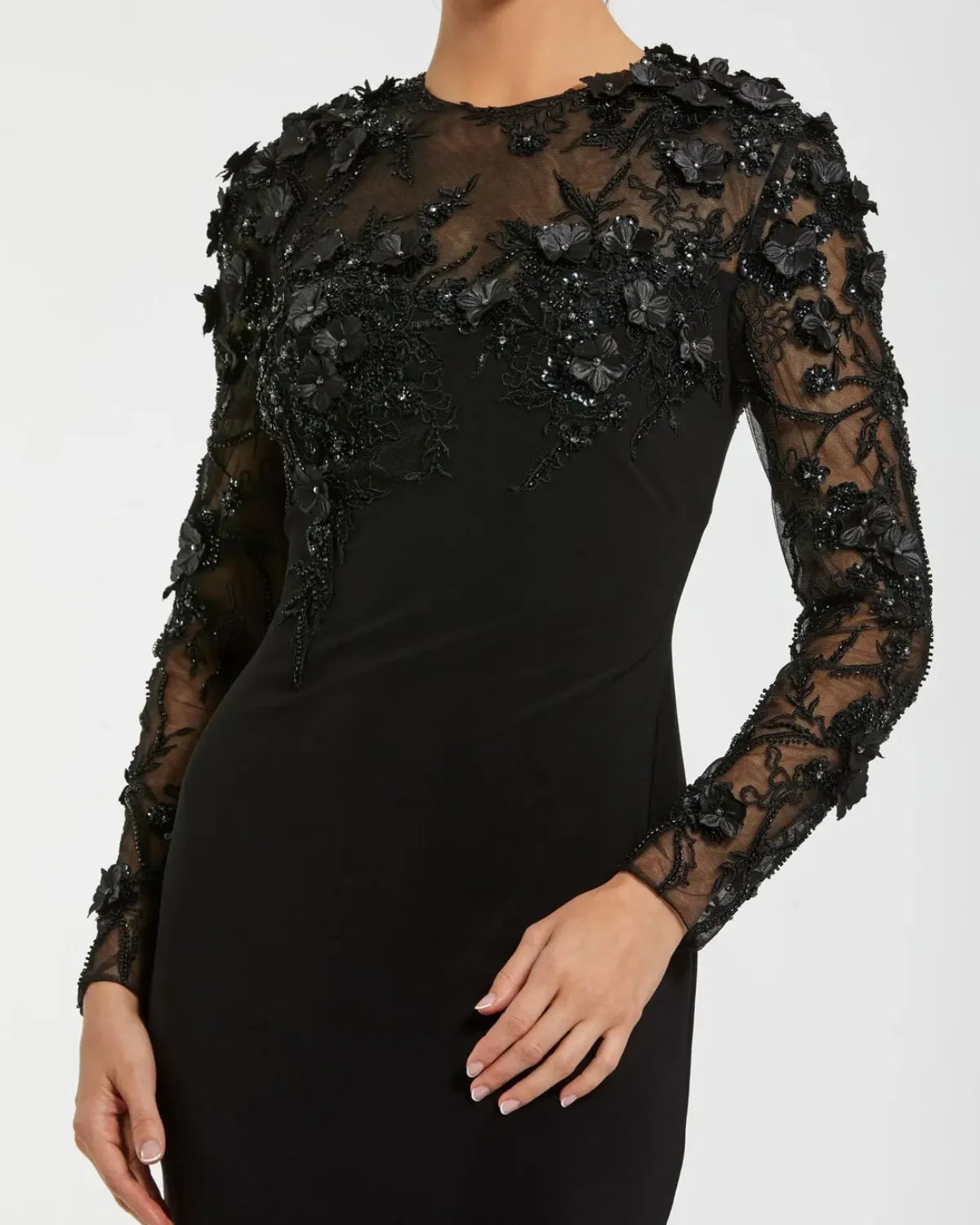 Black Long Sleeve Floral Embellished Column Gown