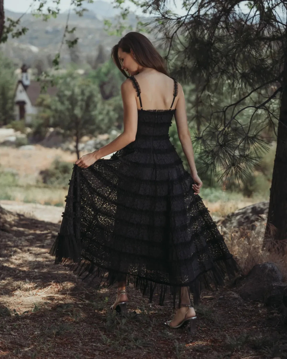 Black Sleeveless Lace A Line Midi Dress With Ruffles