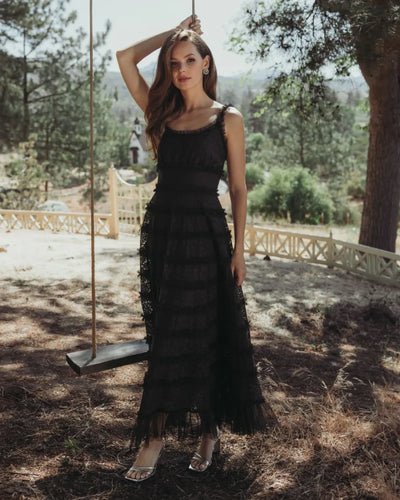 Black Sleeveless Lace A Line Midi Dress With Ruffles