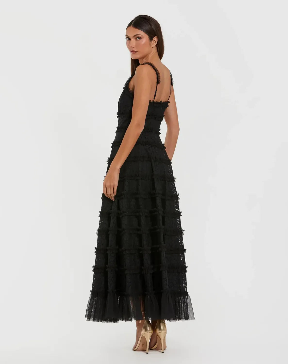 Black Sleeveless Lace A Line Midi Dress With Ruffles