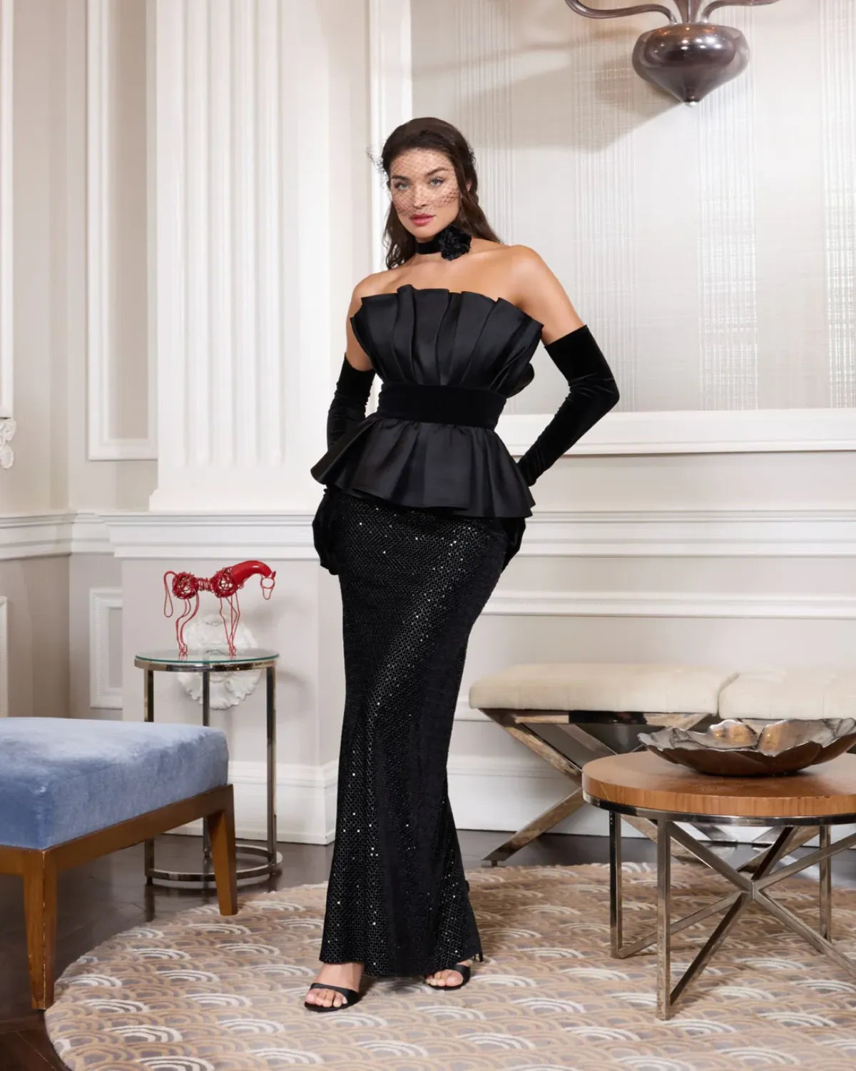Black Strapless Satin Peplum Sequin Column Gown