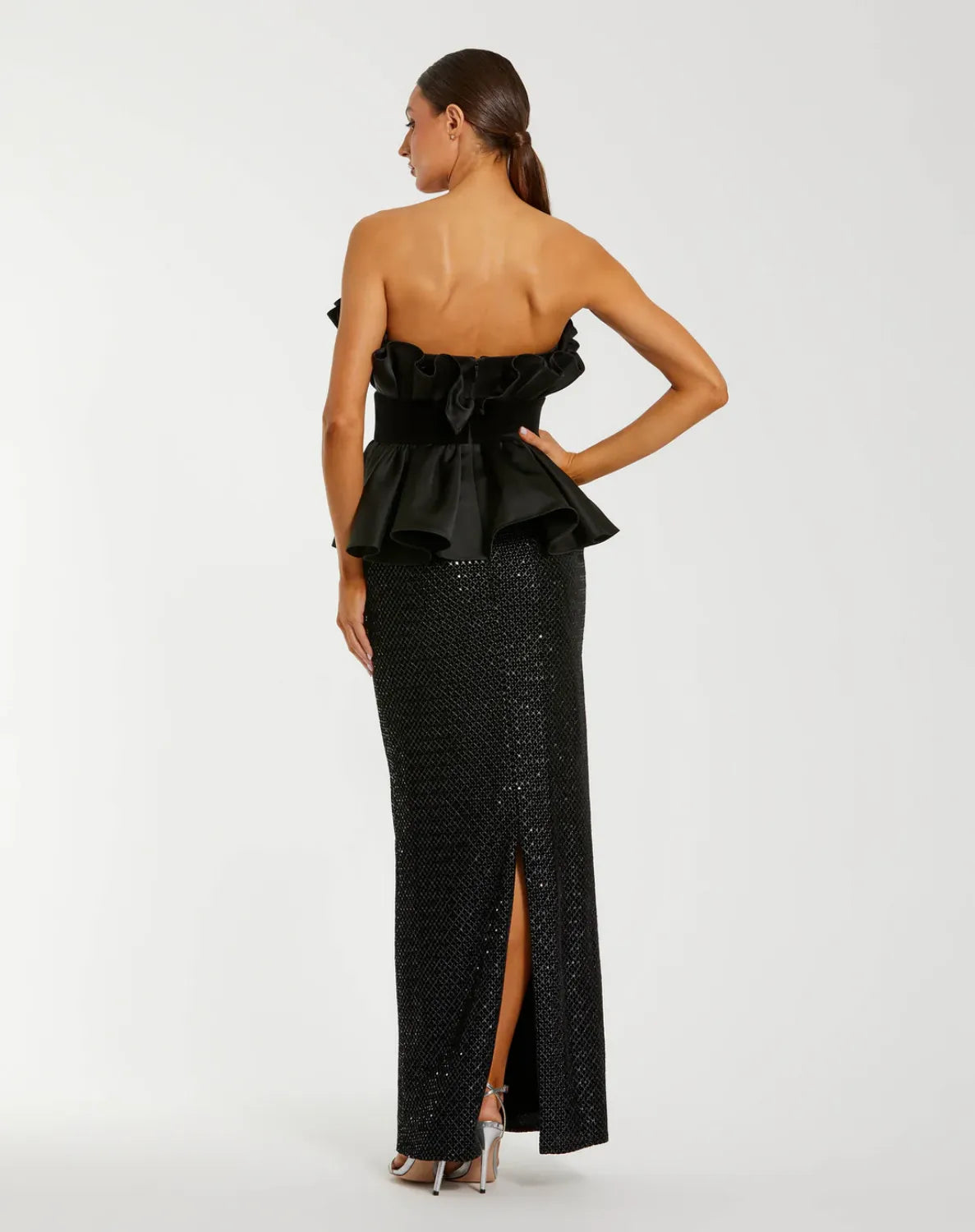 Black Strapless Satin Peplum Sequin Column Gown
