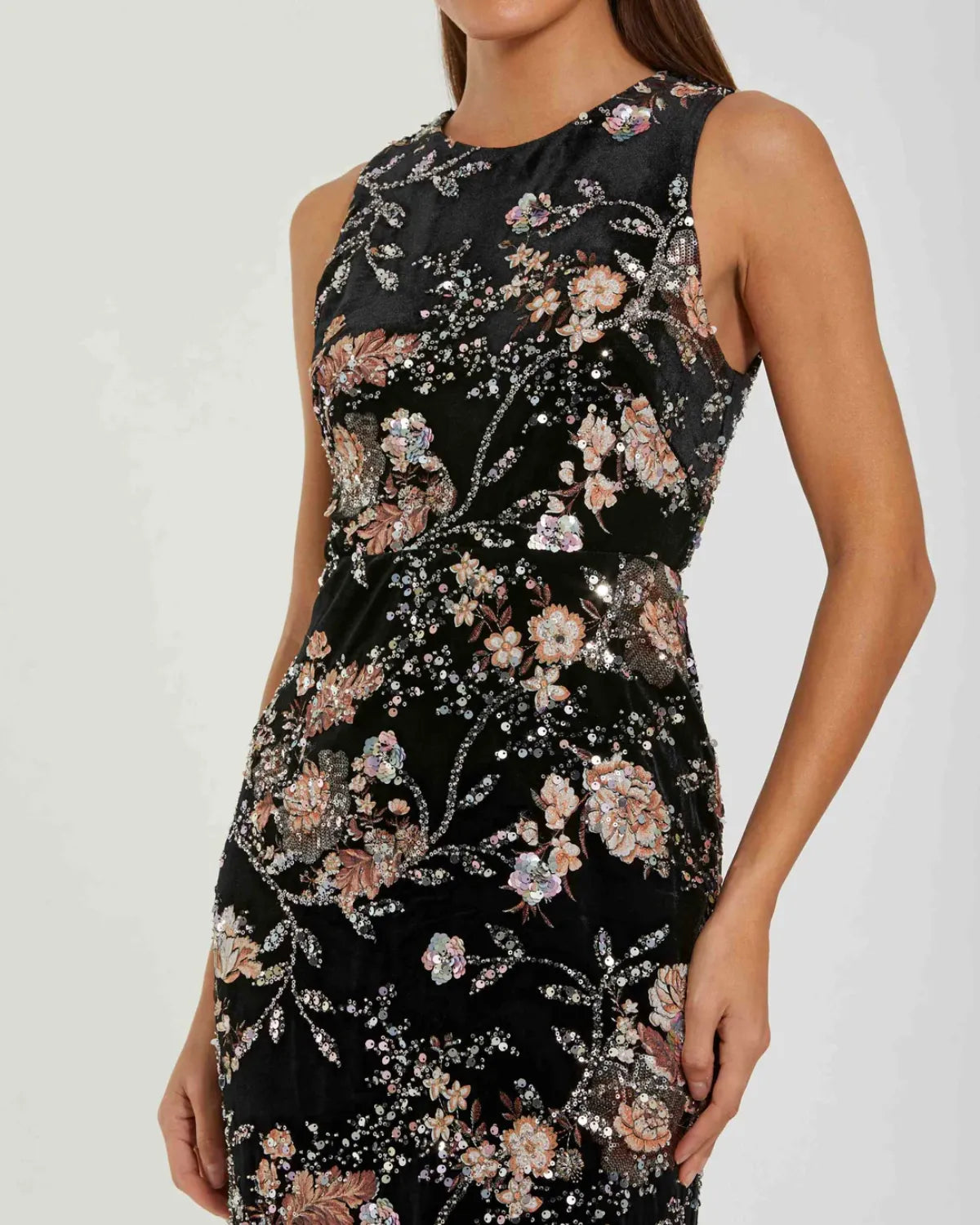 Black Velvet High Neck Sequined Midi Dress with Multicolor Embroidery