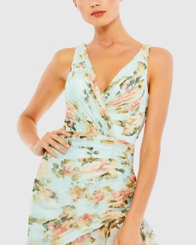 Blue Floral Print Asymmetrical Ruffle Hem Dress