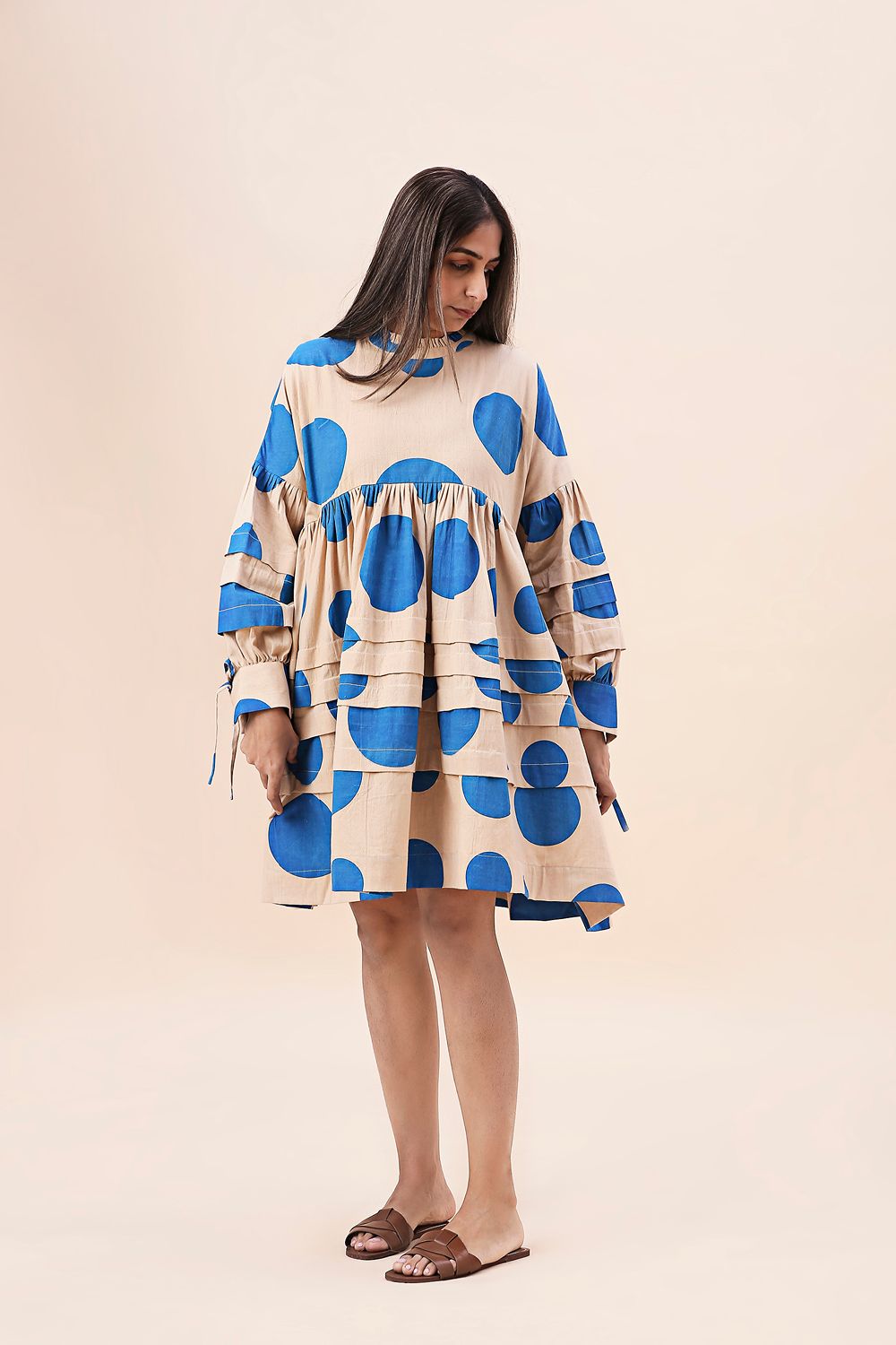 Blue Hand Block Printed Polka Avira Dress