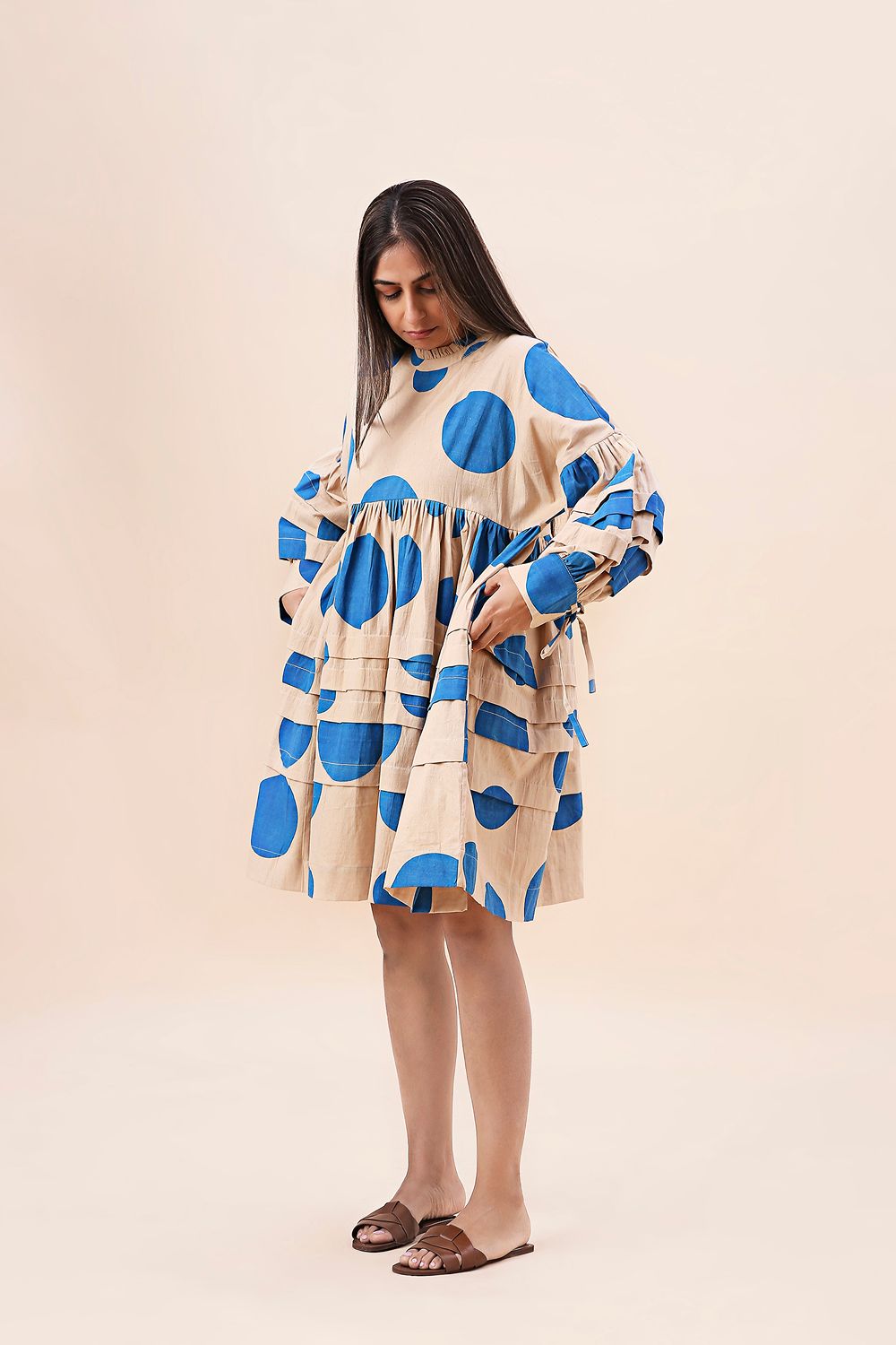 Blue Hand Block Printed Polka Avira Dress