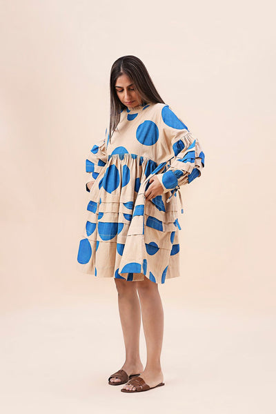 Blue Hand Block Printed Polka Avira Dress